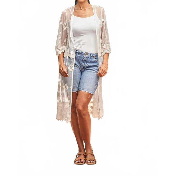 PAPARAZZI Sweaters - NEW PAPARAZZI embroidered mesh duster with tie front in natural